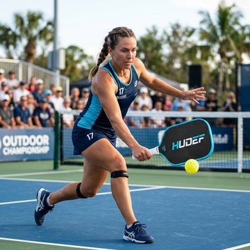 A professional player swinging the HUDEF VIVA SCF1 pickleball paddle