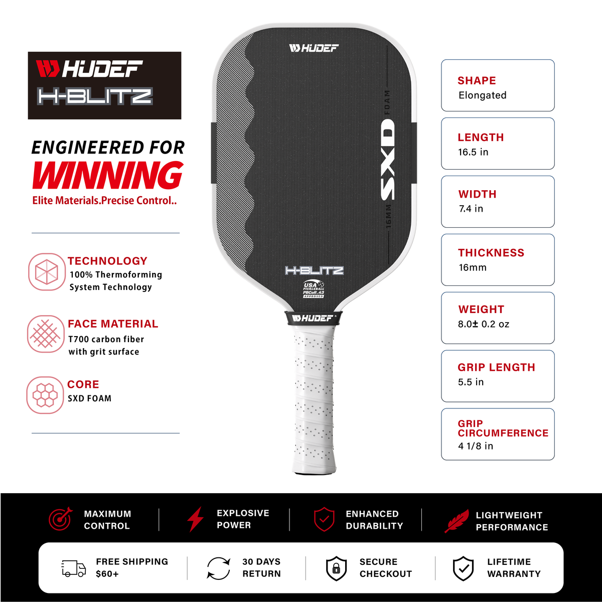 Hudef H-BLITZ 16mm Pickleball Paddle – Full-Foam Core, T700 Carbon Fiber, USAP Approved – White