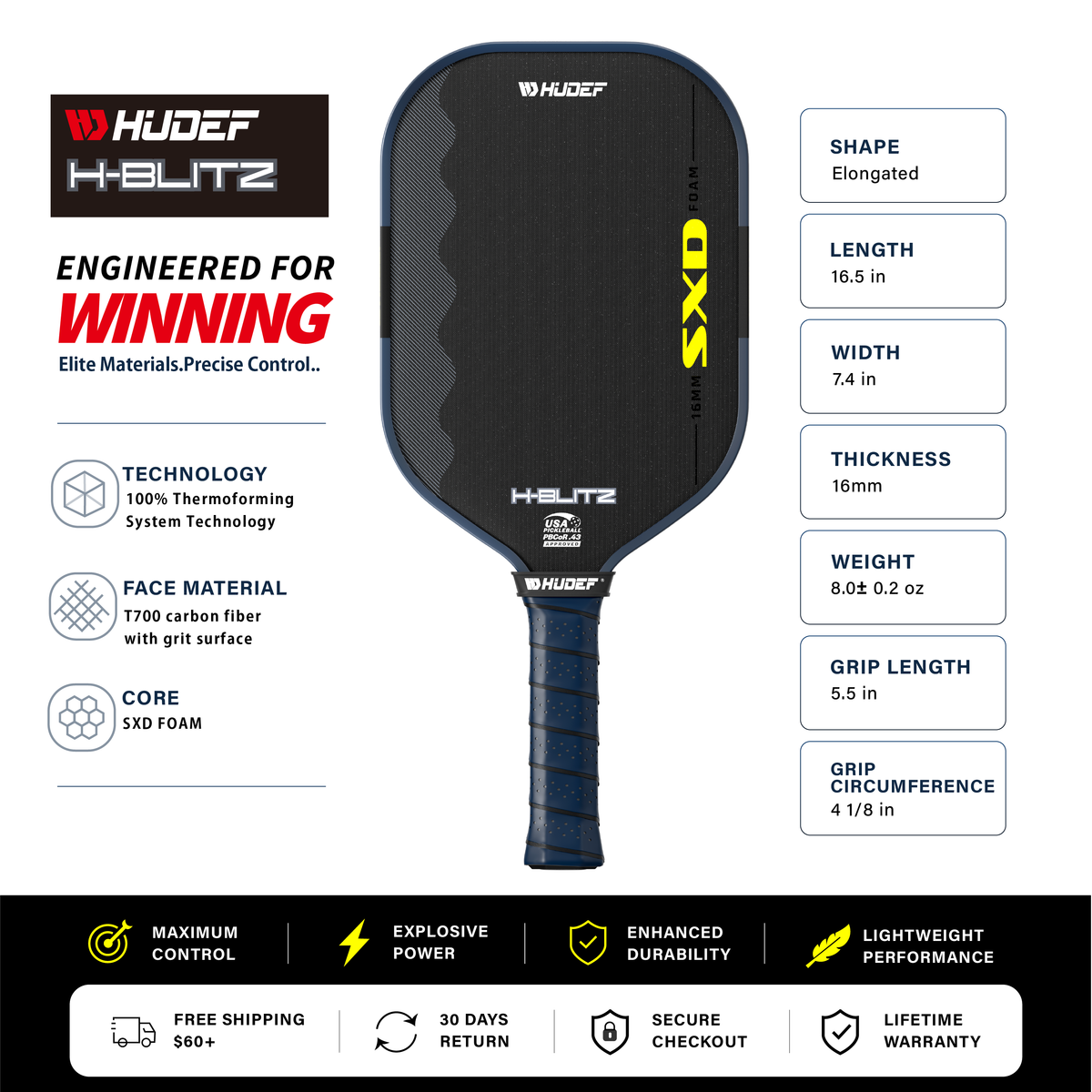 Hudef H-BLITZ 16mm Pickleball Paddle – Full-Foam Core, T700 Carbon Fiber, USAP Approved – Blue