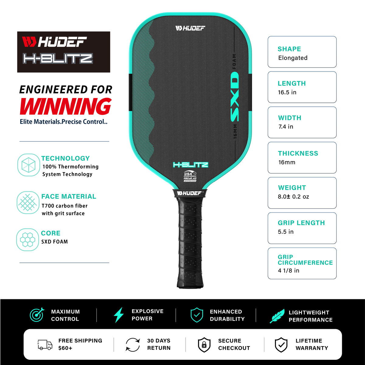 Hudef H-BLITZ 16mm Pickleball Paddle – Full-Foam Core, T700 Carbon Fiber, USAP Approved – Green