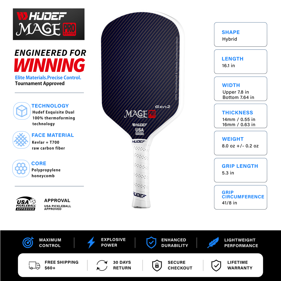 Hudef Mage Pro™ Gen2 Hybrid Pickleball Paddle (Kevlar)