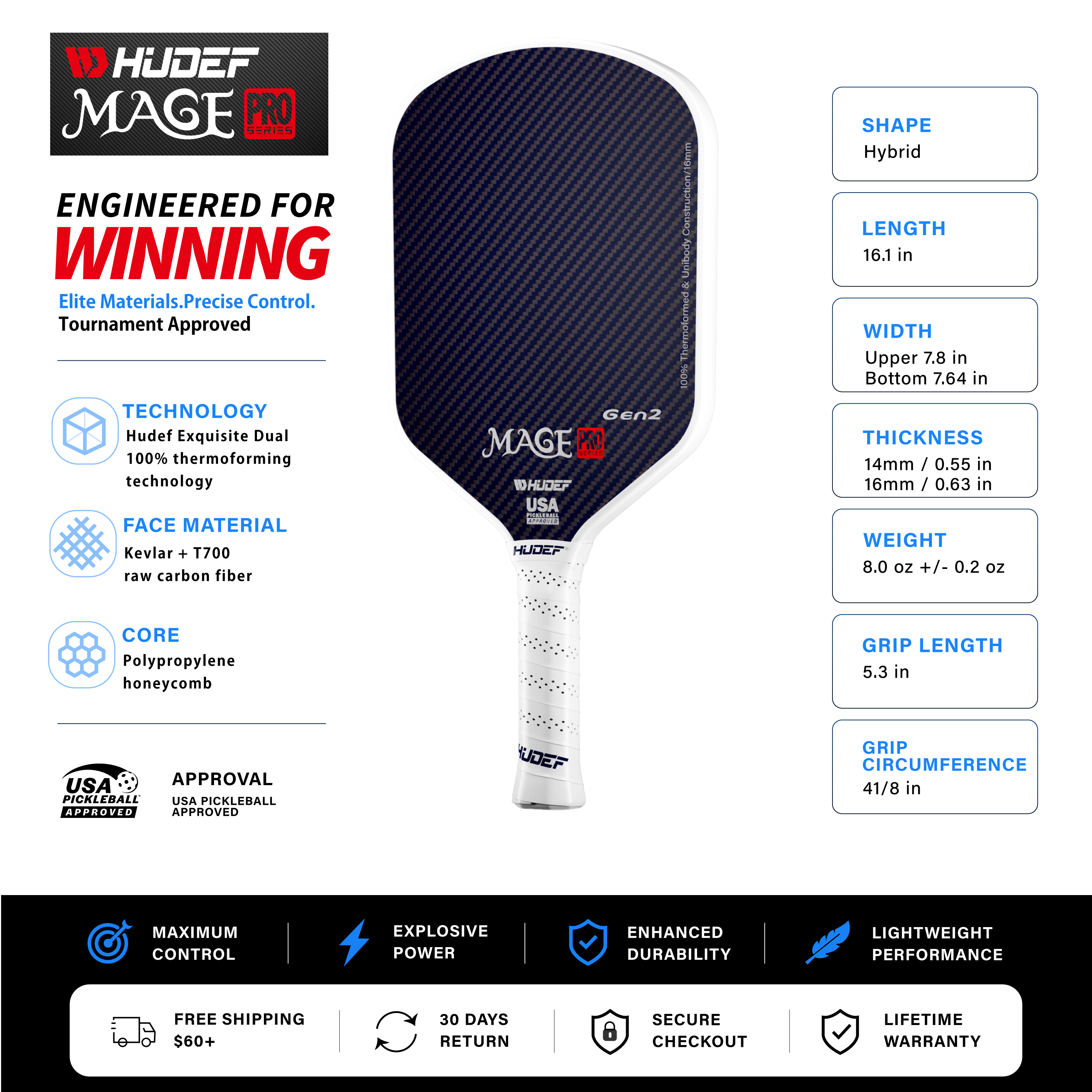 Hudef Mage Pro™ Gen2 Hybrid Pickleball Paddle (Kevlar)