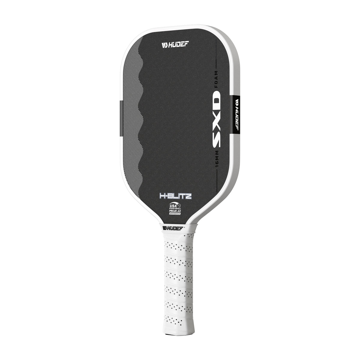 Back view of the white Hudef H-BLITZ pickleball paddle, showing the black carbon fiber face