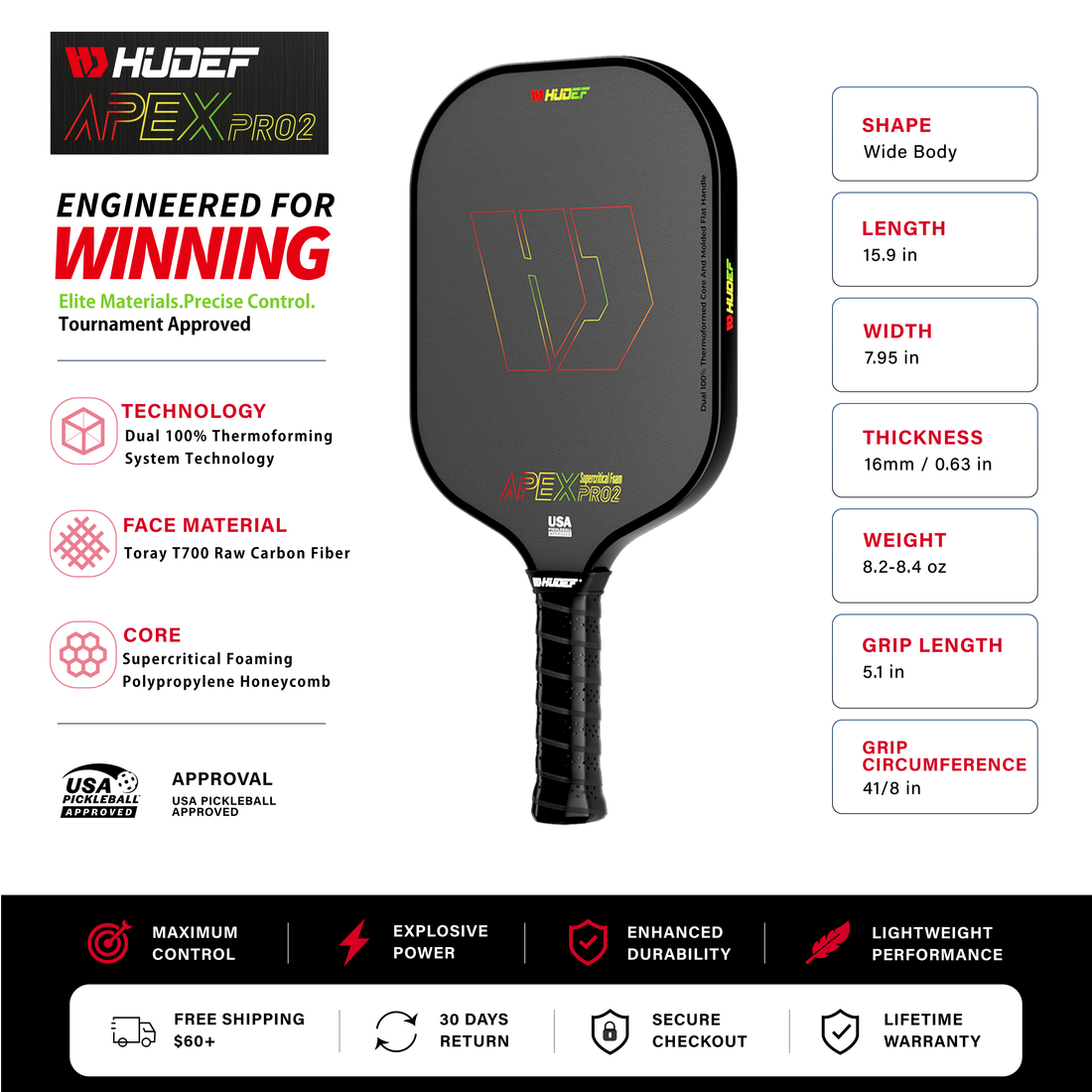 Hudef Apex Pro2 Wide Body Pickleball Paddle – 16mm
