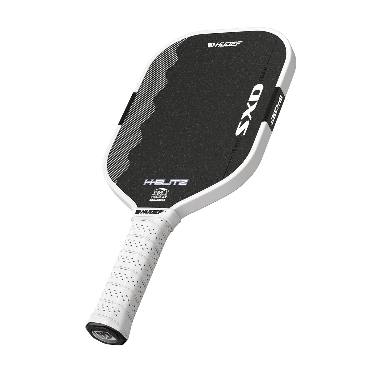 White Hudef H-BLITZ pickleball paddle tilted diagonally, showing the full paddle face and perforated grip