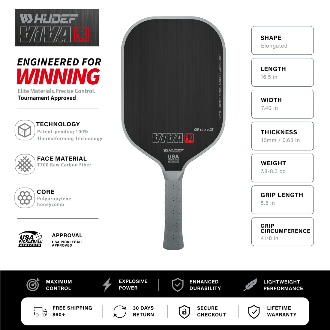 Hudef Viva Pro™ Gen2 Elongated Pickleball Paddle (Carbon Fiber)