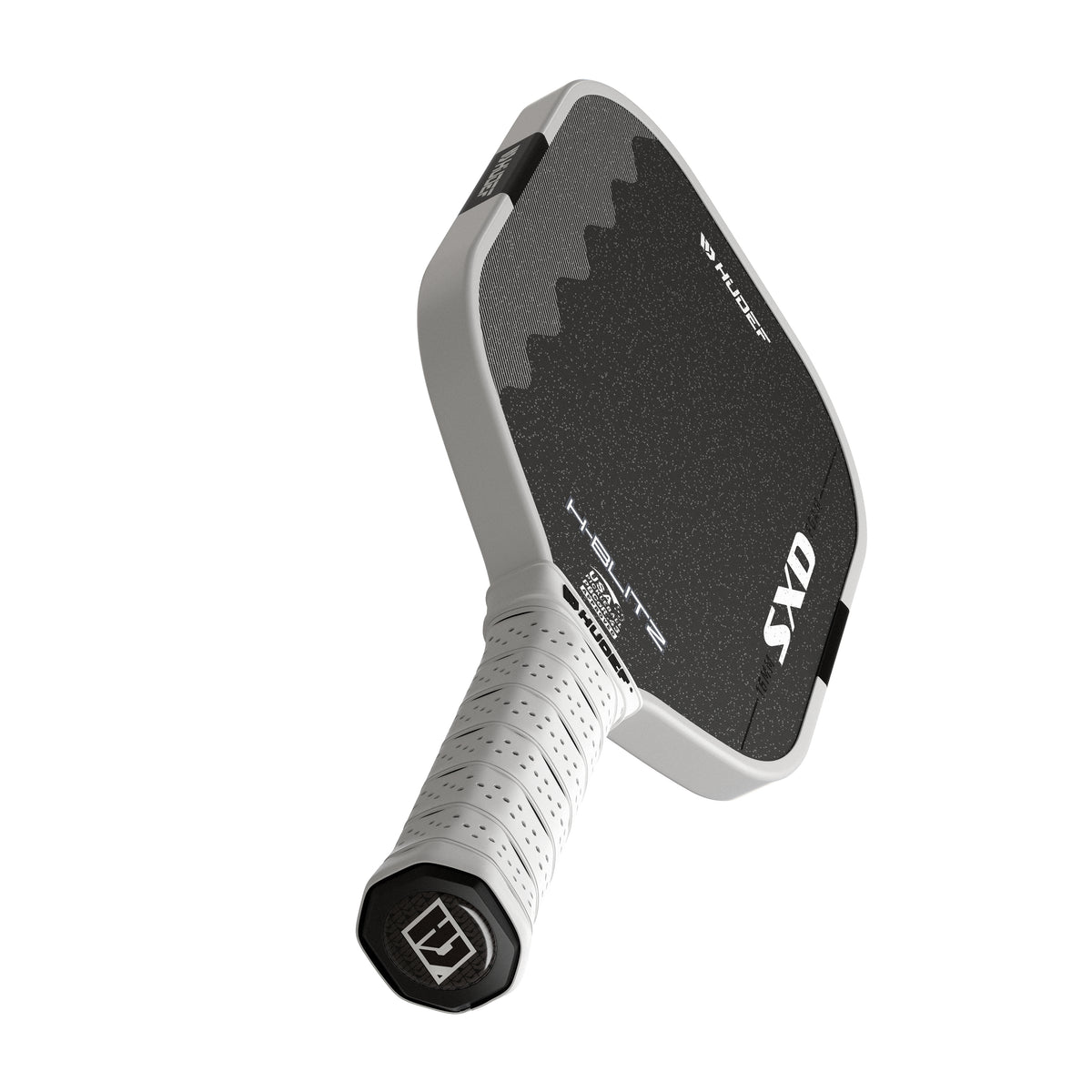 White Hudef H-BLITZ pickleball paddle at a three-quarter angle, showing the textured black face and white grip