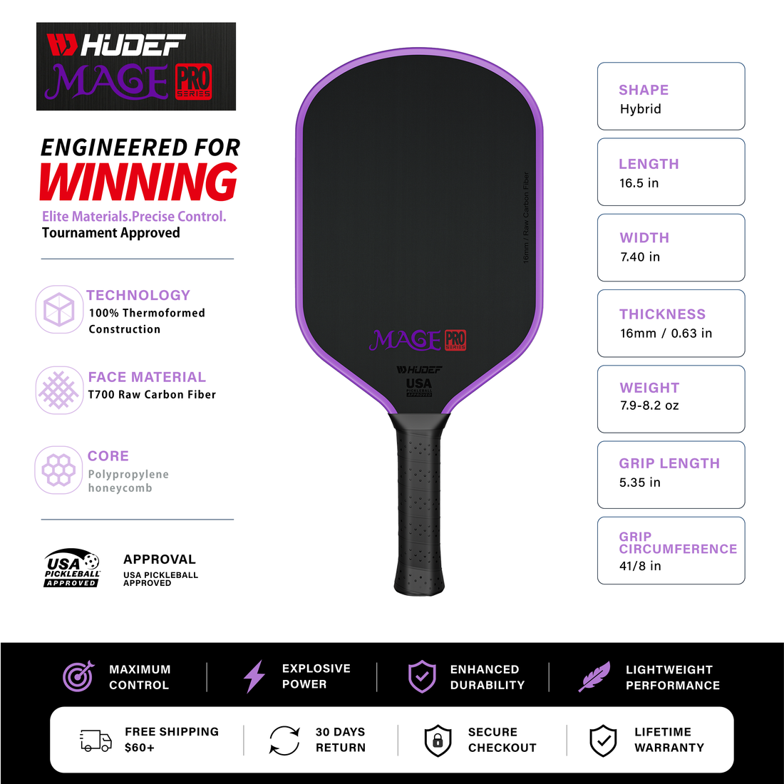 Hudef Mage Pro™ Gen 1 Hybrid Pickleball Paddle (Carbon Fiber)