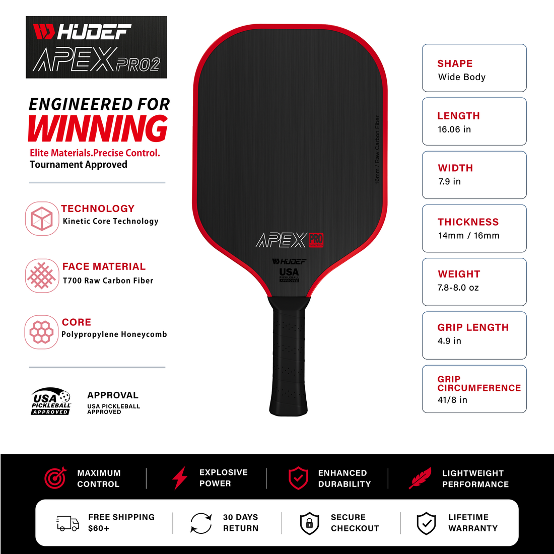 Hudef Apex Pro™ Gen 1 Wide Body Pickleball Paddle (Carbon Fiber)