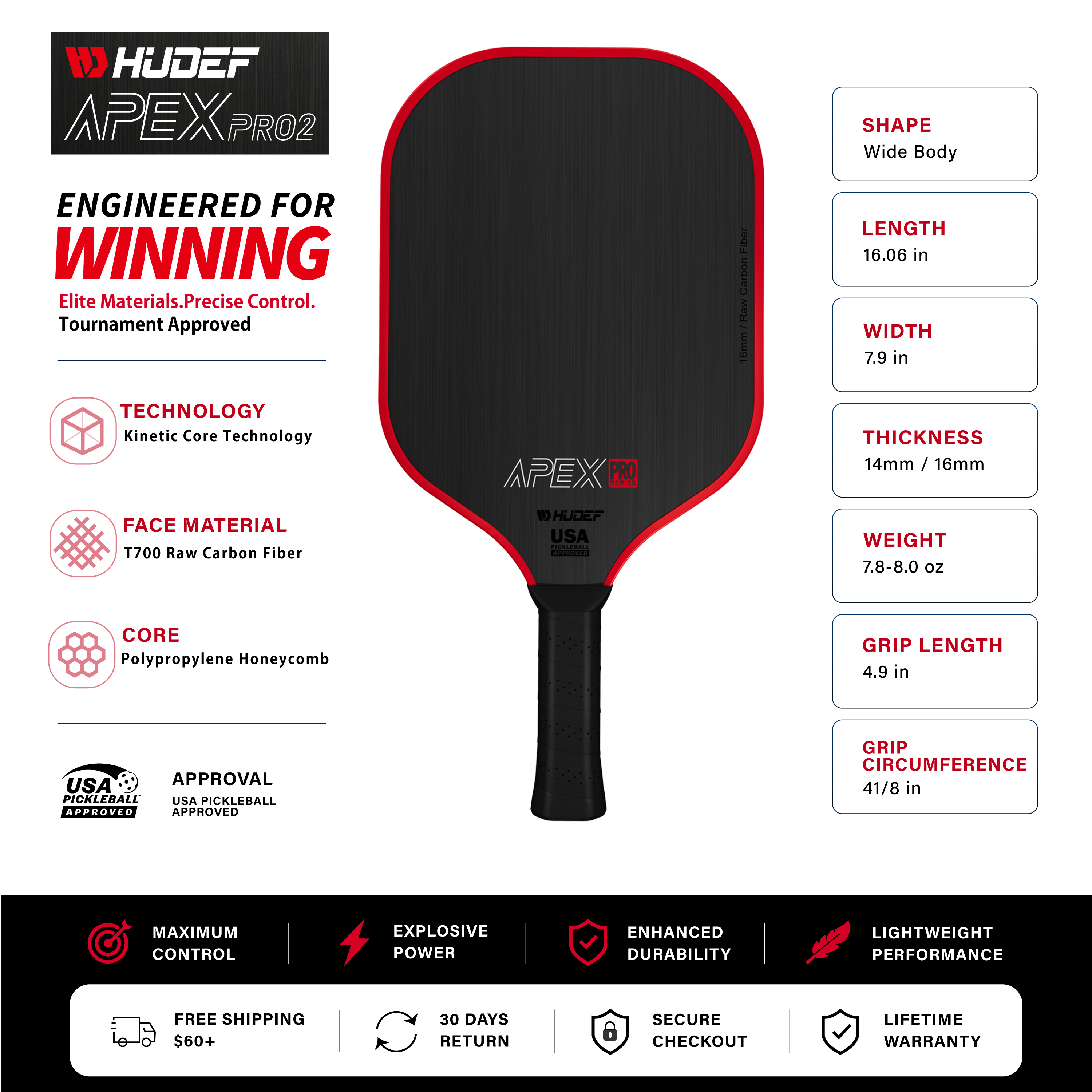 Hudef Apex Pro™ Gen 1 Wide Body Pickleball Paddle (Carbon Fiber)