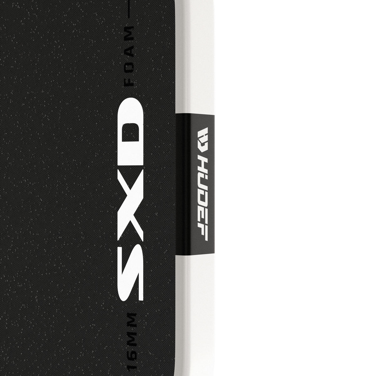 Close-up of the Hudef H-BLITZ paddle edge showing the 16MM thickness marking and HUDEF throat logo