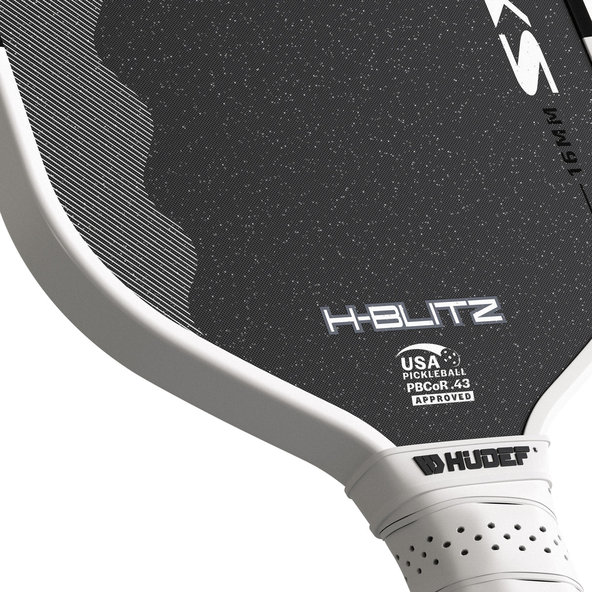 Close-up of the Hudef H-BLITZ paddle face showing zircon-grit carbon fiber texture and USAP Approved logo