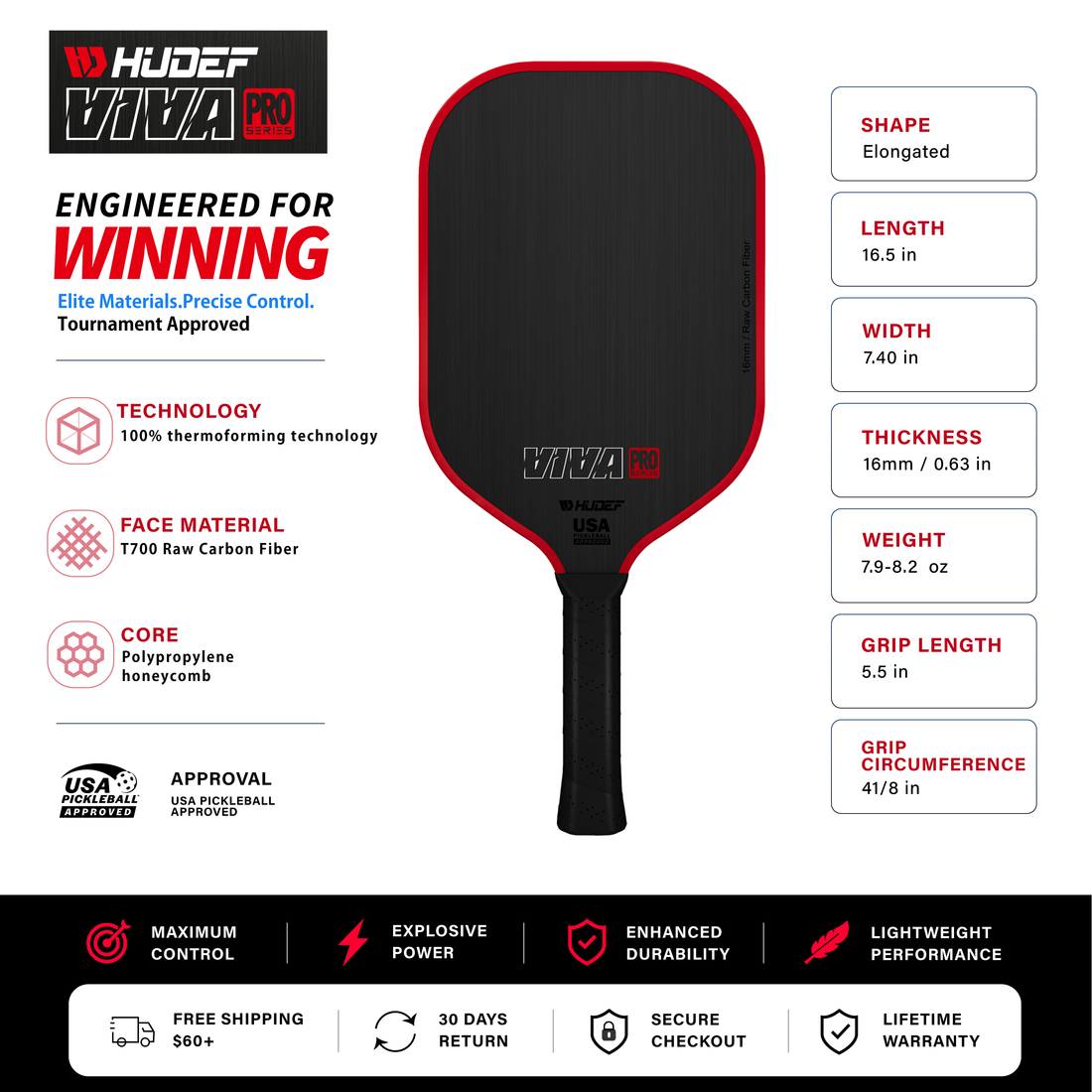 Hudef Viva Pro™ Gen 1 Elongated Pickleball Paddle (Carbon Fiber)