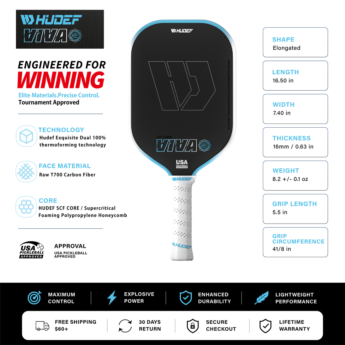 Hudef Viva SCF1 Elongated Pickleball Paddle 16mm (USAP Approved)