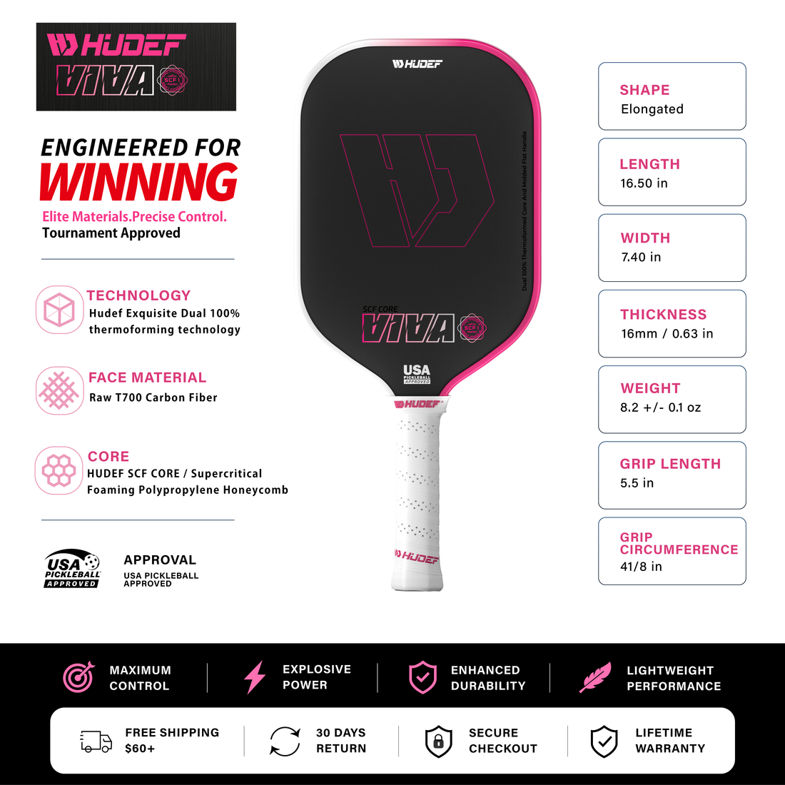 Hudef Viva SCF1 Elongated Pickleball Paddle – Pink 16mm (USAP Approved)