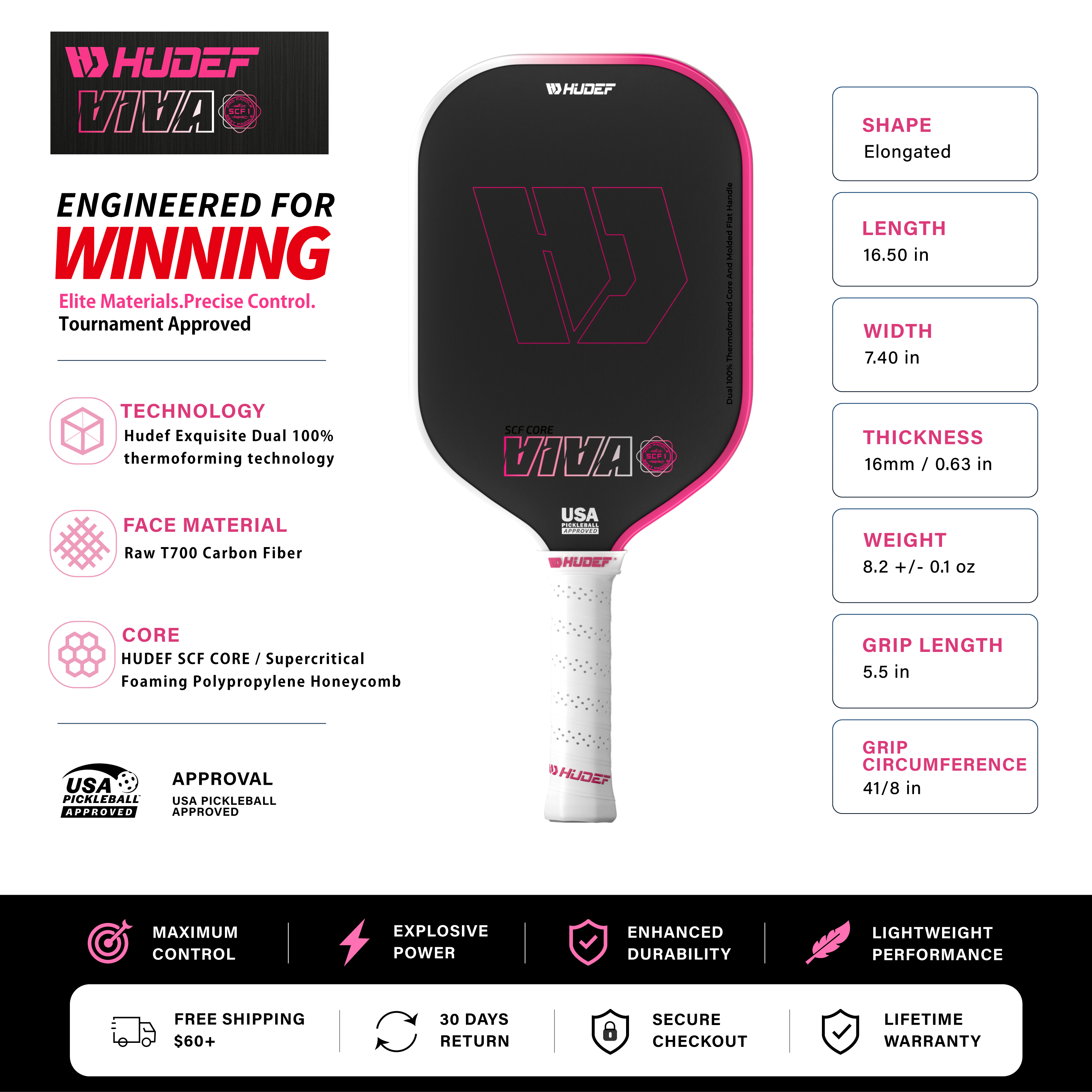 Hudef Viva SCF1 Elongated Pickleball Paddle – Pink 16mm (USAP Approved)
