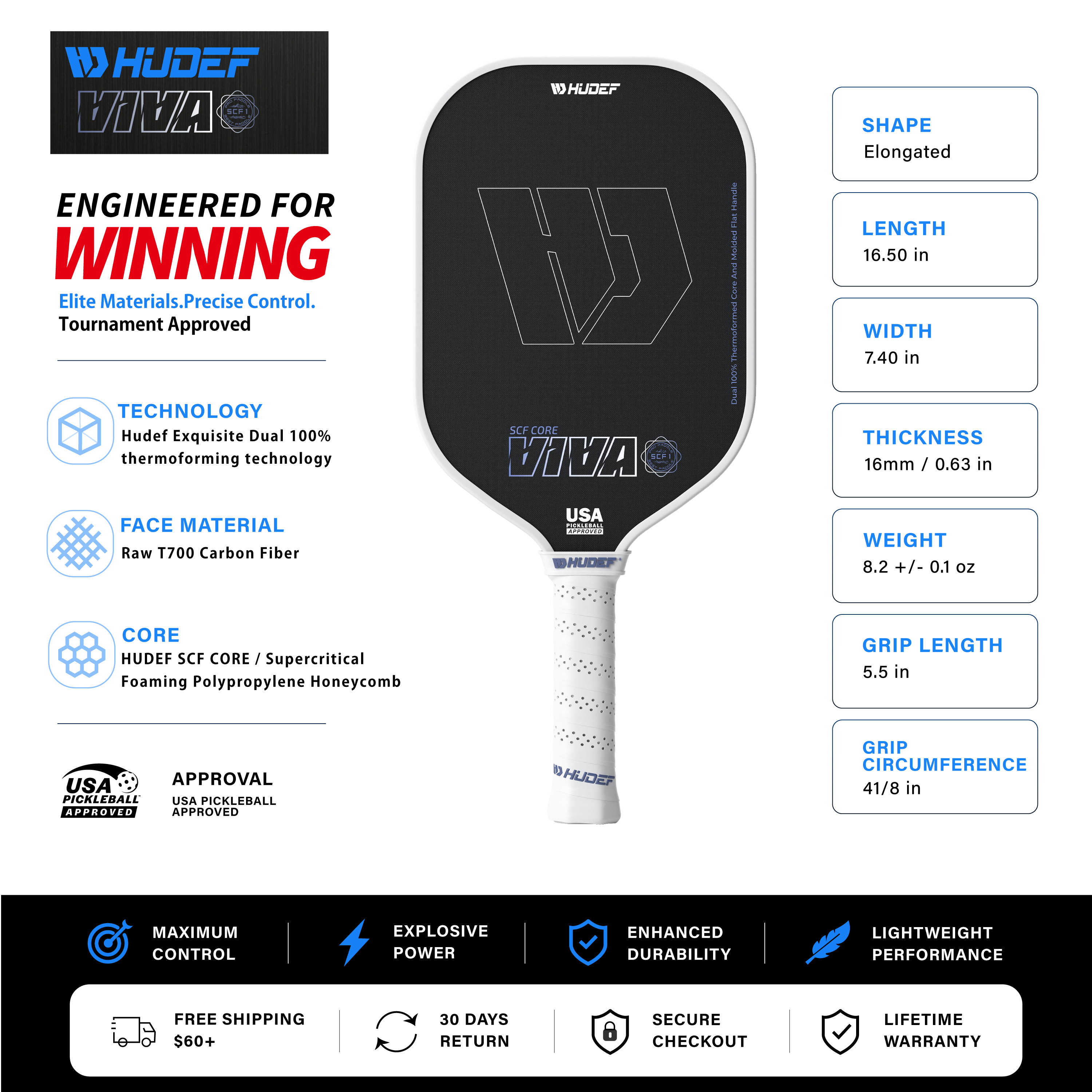 Hudef Viva SCF1 Elongated Pickleball Paddle – White 16mm (USAP Approved)