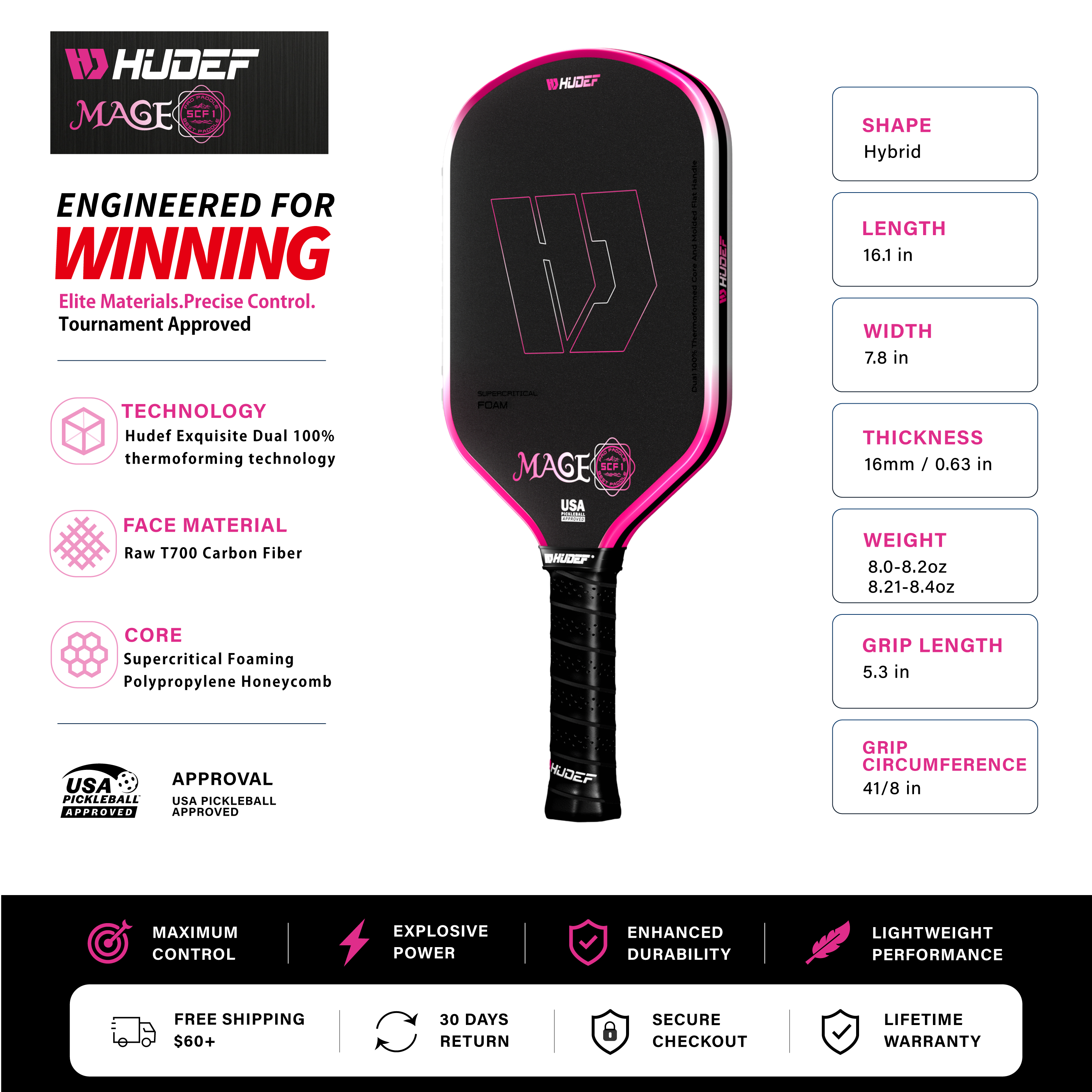 Hudef Mage SCF1 Hybrid Pickleball Paddle – Pink 16mm