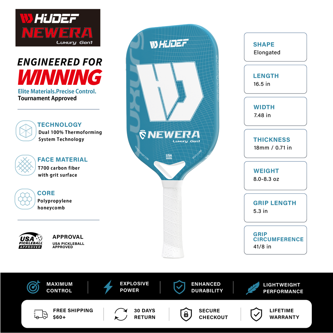 Hudef Luxury™ Gen 1 Elongated Pickleball Paddle – Cyan (Grit)