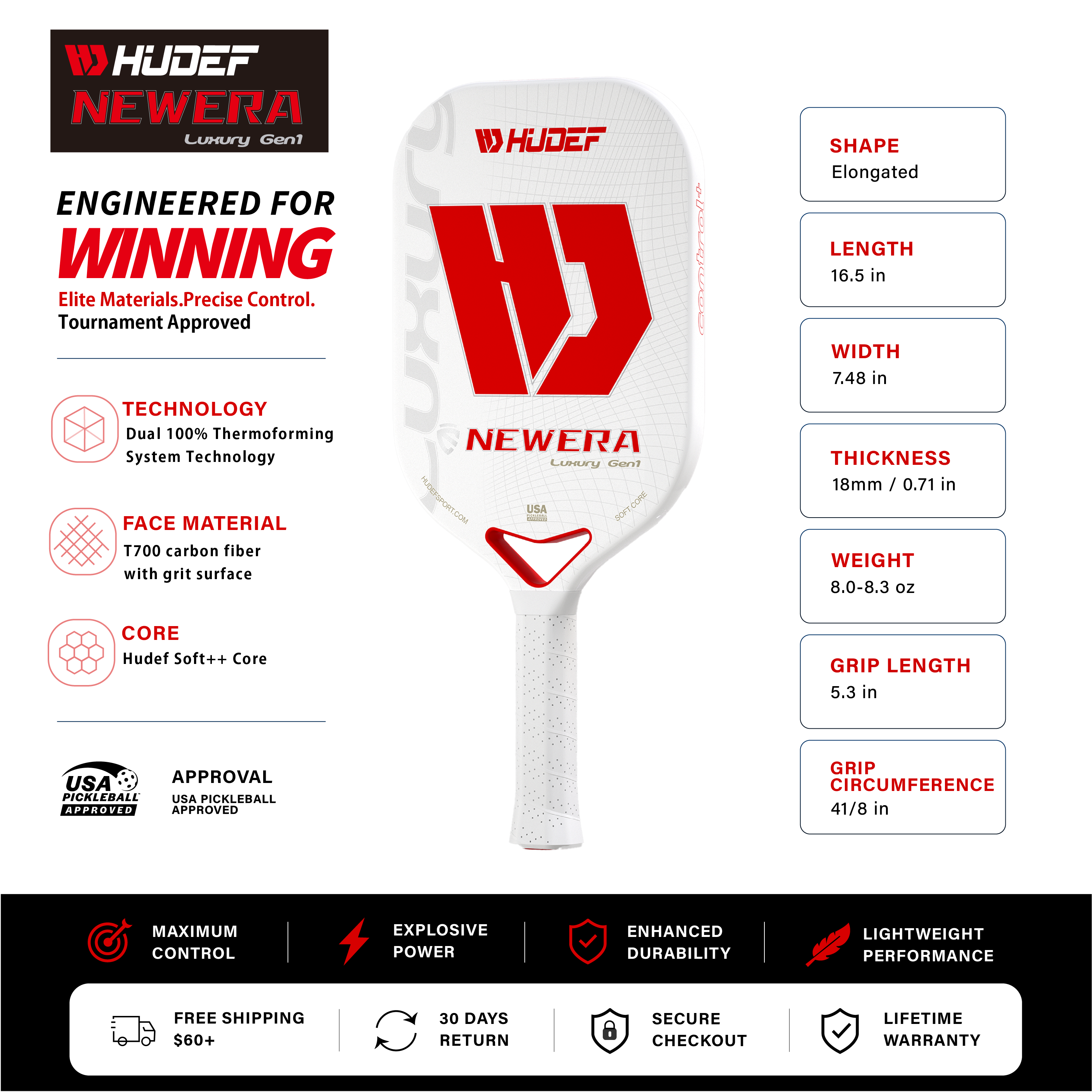 Hudef Luxury™ Gen 1 Elongated Pickleball Paddle – White (Grit)
