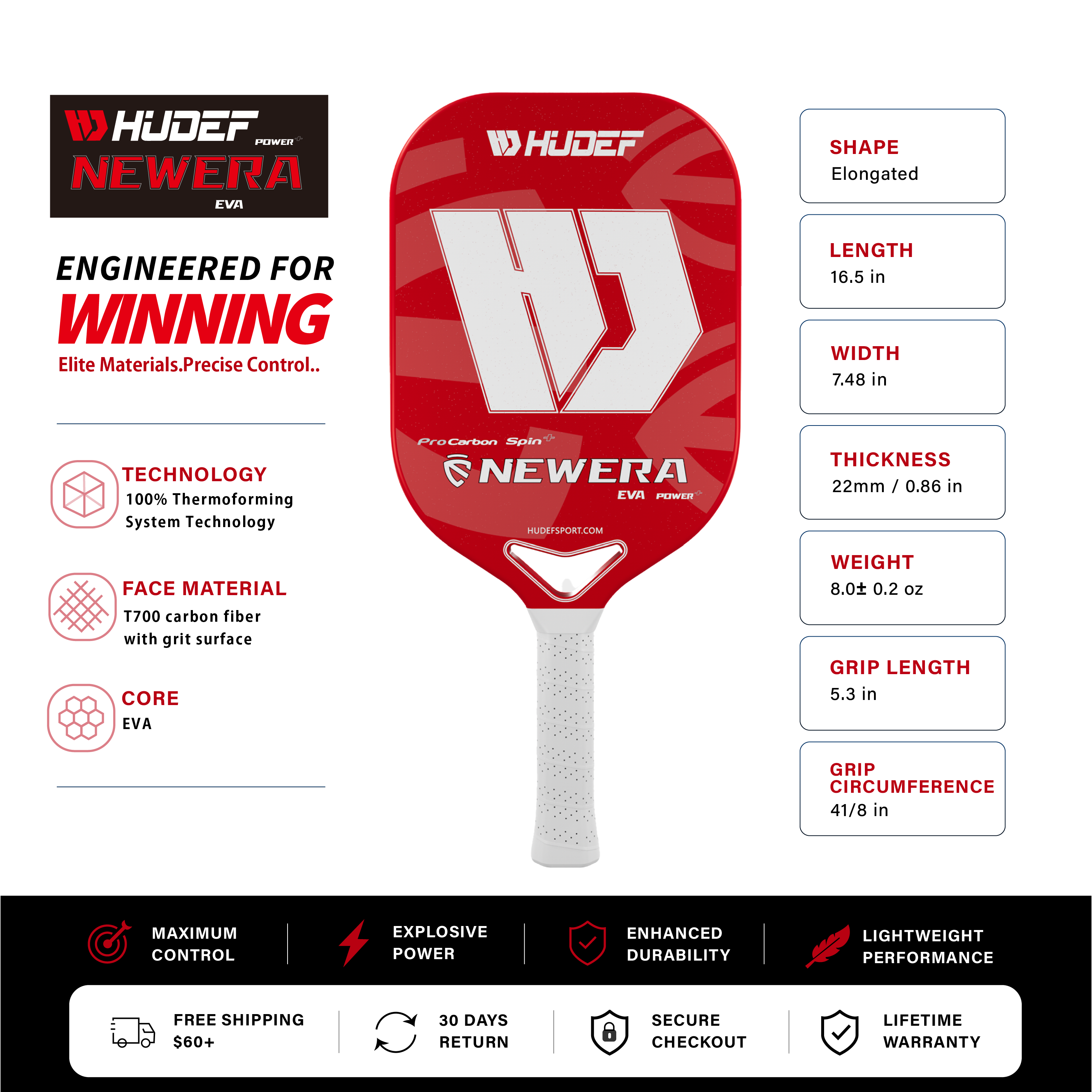 Hudef Newera™ Gen 1 Elongated Pickleball Paddle (EVA Core)