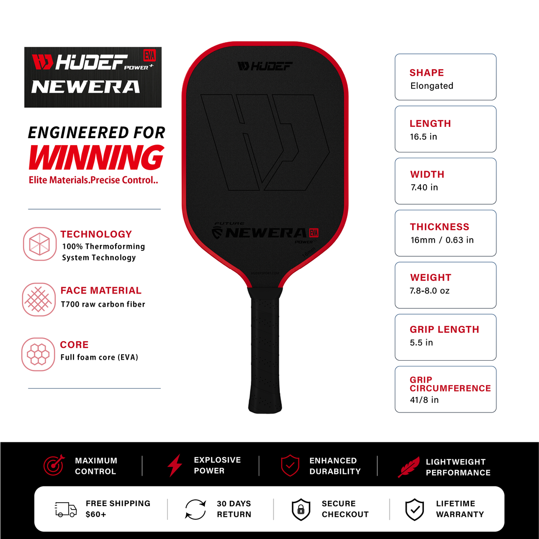 Hudef Future™ Elongated Pickleball Paddle (EVA Core)
