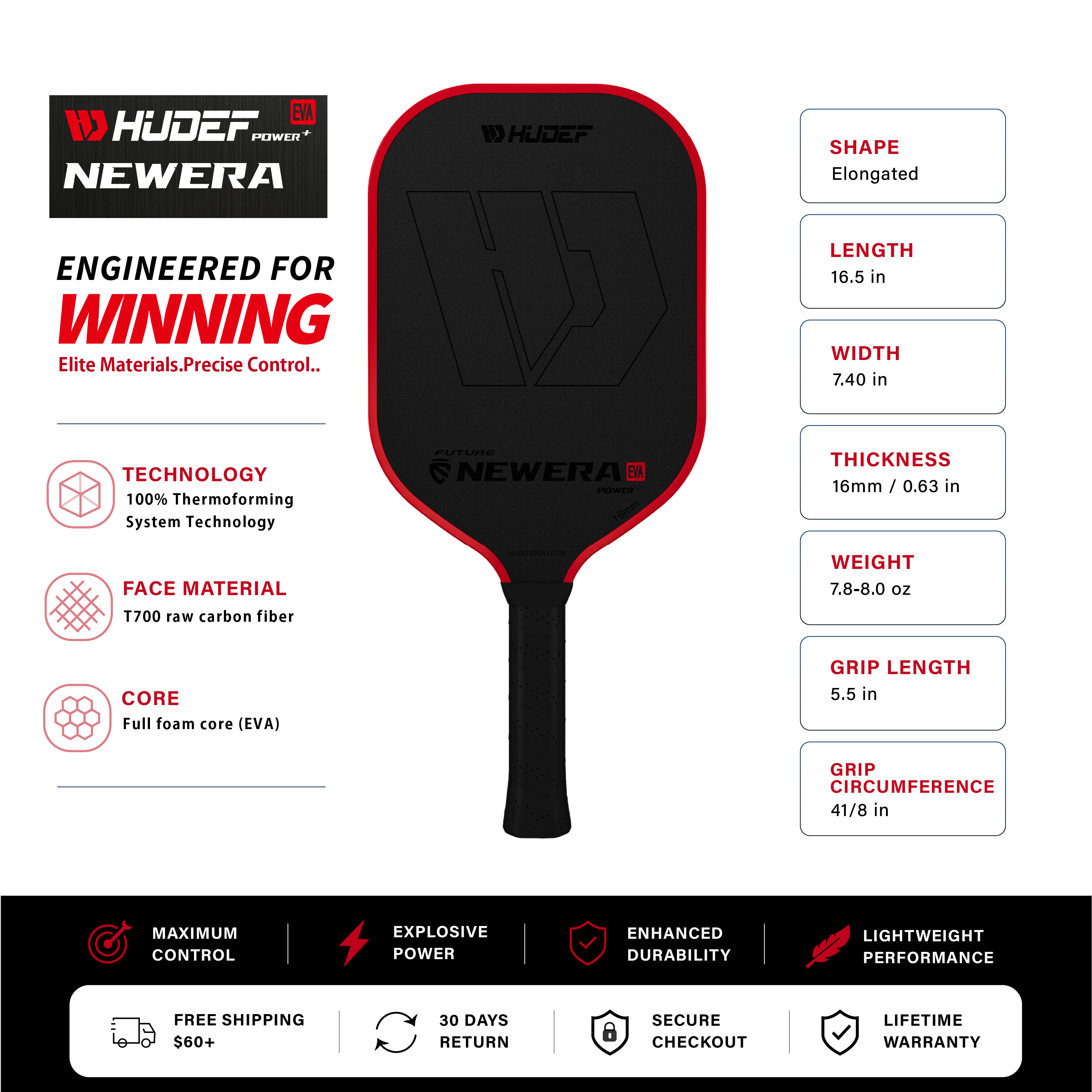 Hudef Future™ Elongated Pickleball Paddle (EVA Core)