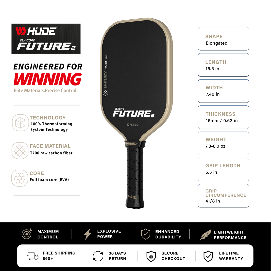 Hudef Future™ 2 Elongated Pickleball Paddle (EVA Core)